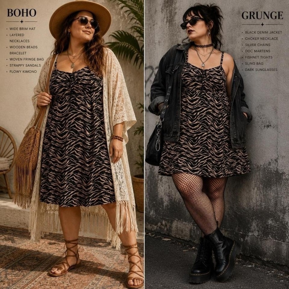 Torrid Zebra Animal Print Swing Dress Womens Sz 2 Black Beige Cami Grunge Boho